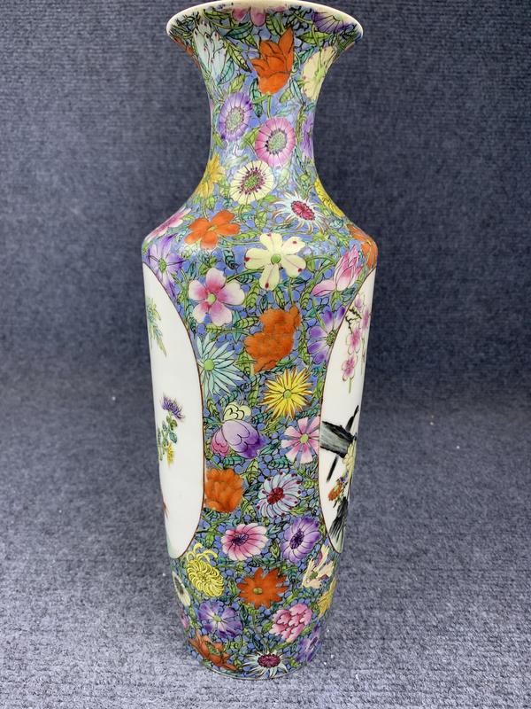 古玩陶瓷粉彩百花開光花鳥紋軟棒槌瓶拍賣,當前價格16200元