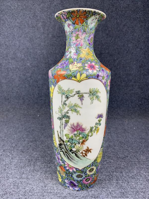古玩陶瓷粉彩百花開光花鳥紋軟棒槌瓶拍賣,當前價格16200元
