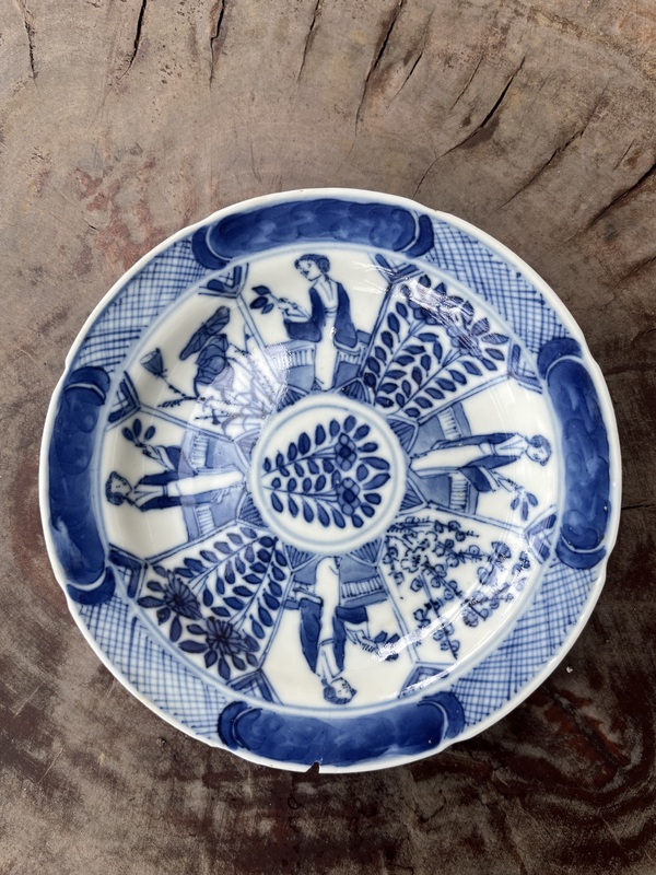 古玩陶瓷晚清小康四美圖青花盤拍賣,當前價格350元