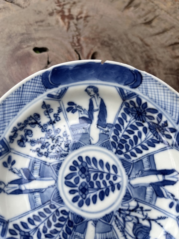 古玩陶瓷晚清小康四美圖青花盤拍賣,當前價格350元