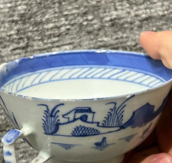 古玩陶瓷晚清青花山水紋雙耳杯拍賣,當前價格1200元