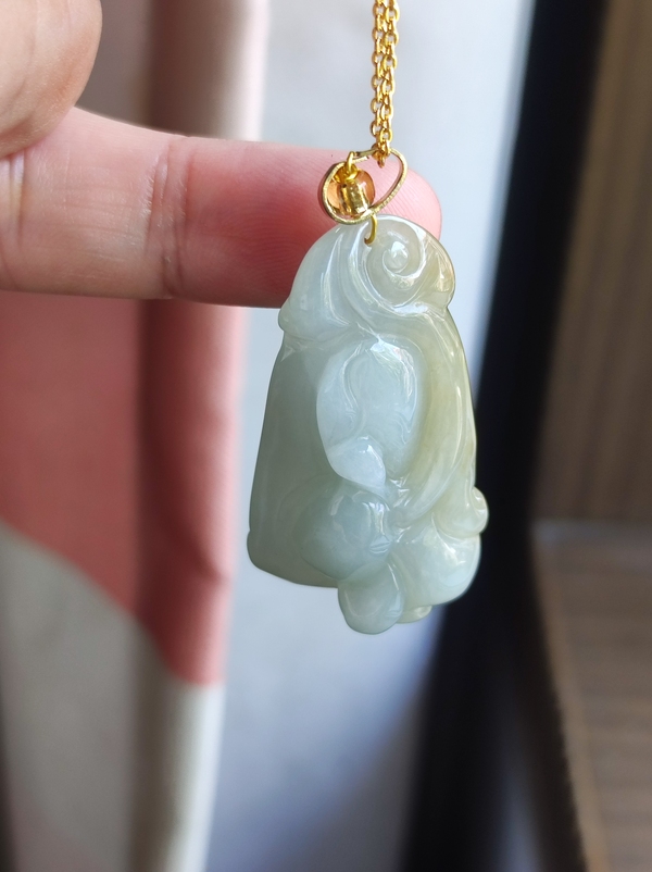 古玩玉器天然翡翠雕“靈芝如意”掛件拍賣,當前價格3860元
