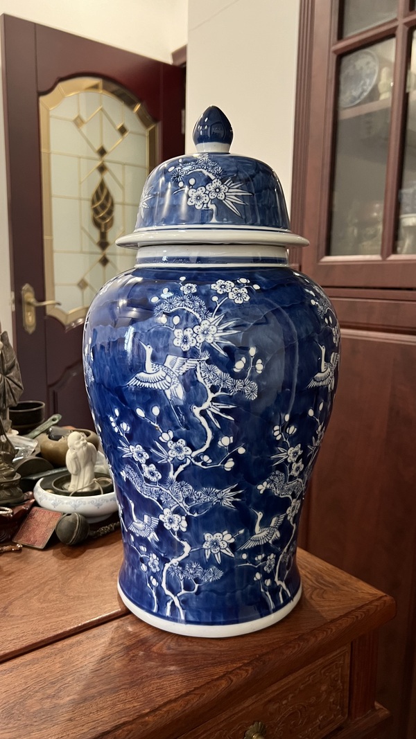 古玩陶瓷青花留白梅花松鶴將軍罐拍賣,當前價格1260元