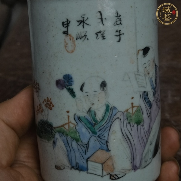 古玩陶瓷油粉彩教子書經(jīng)人物筆筒真品鑒賞圖