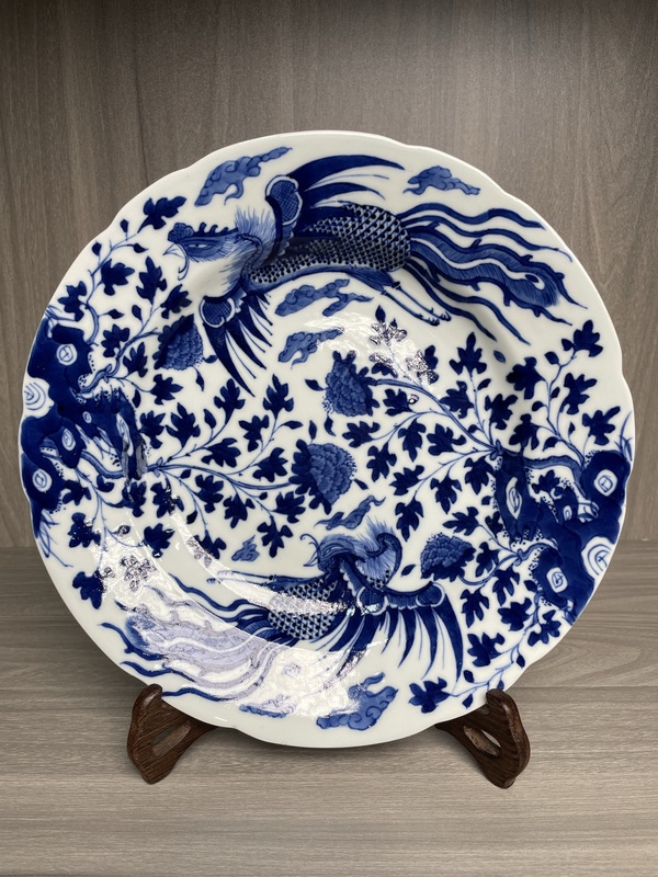 古玩陶瓷清道光 青花鸞鳳和鳴紋花口盤(二級官)拍賣,當前價格3800元
