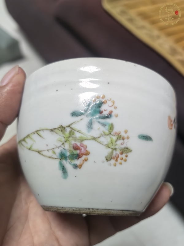 古玩陶瓷淺絳彩花鳥詩文案缸真品鑒賞圖