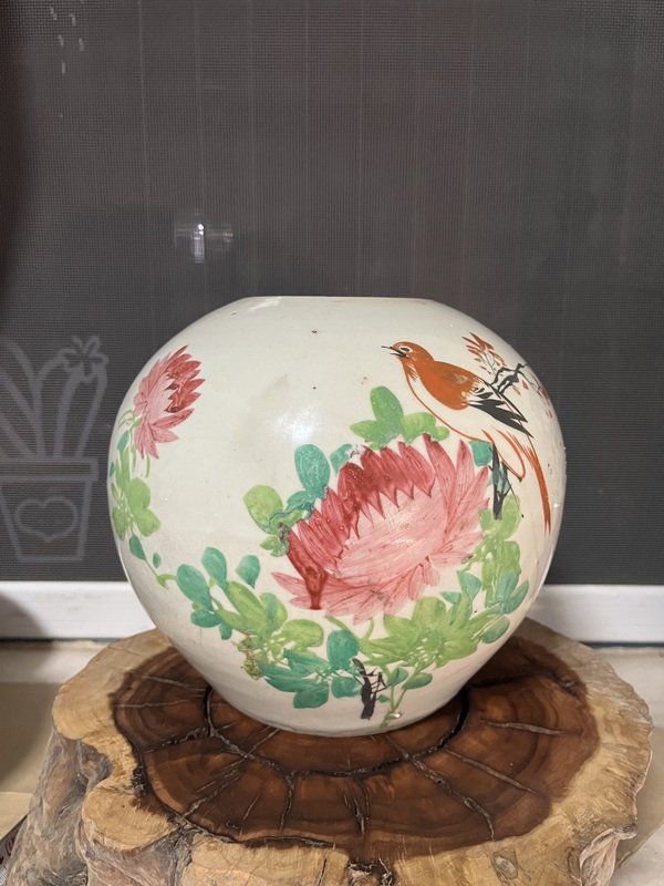 古玩陶瓷民國淺絳彩花鳥紋西瓜罐拍賣,當前價格299元