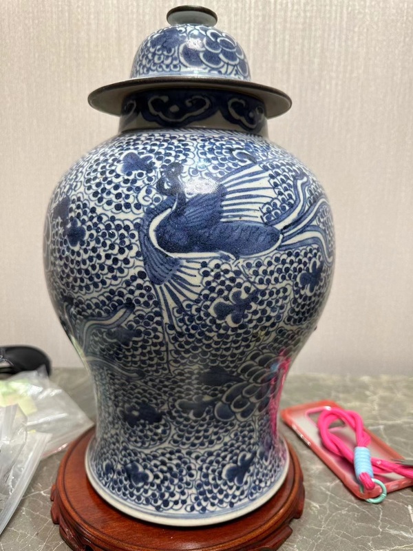 古玩陶瓷鳳穿牡丹紋青花將軍罐拍賣，當前價格16000元