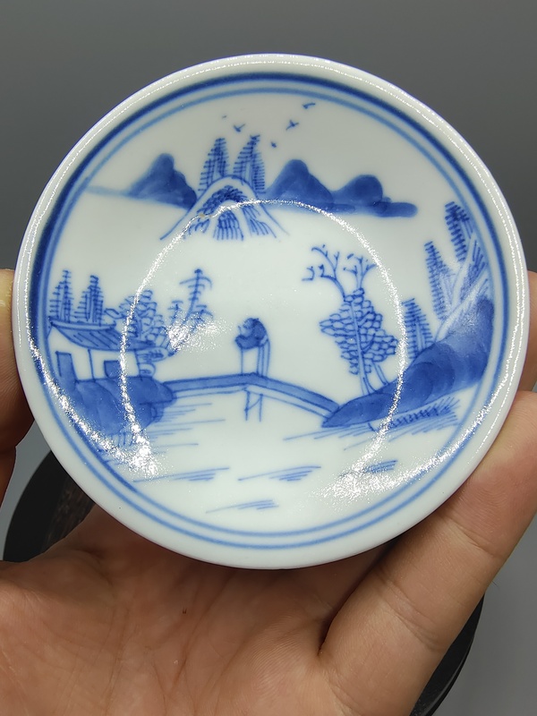 古玩陶瓷清道光?青花山水高士圖斗笠型筆添拍賣,當前價格1500元