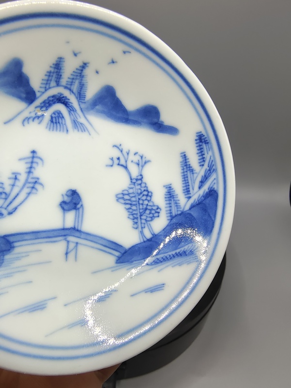 古玩陶瓷清道光?青花山水高士圖斗笠型筆添拍賣,當前價格1500元