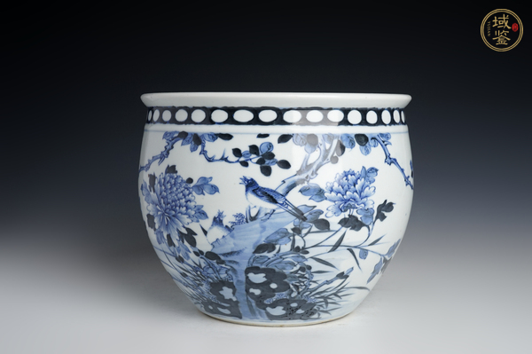 古玩陶瓷晚清·青花富貴白頭紋卷缸真品鑒賞圖