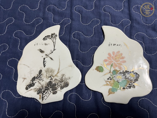 古玩陶瓷墨彩花鳥紋樹葉型瓷板畫鑲嵌件真品鑒賞圖