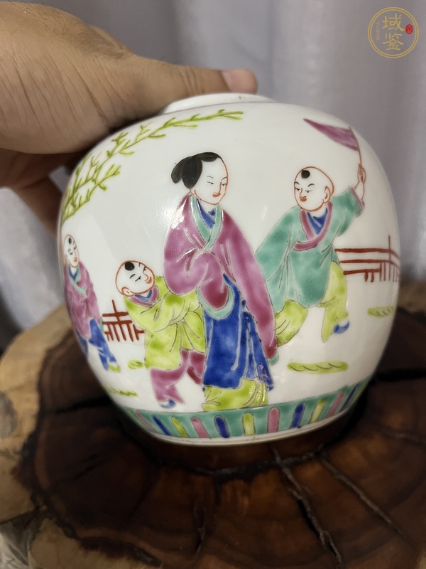 古玩陶瓷粉彩三娘教子圖茶葉罐真品鑒賞圖