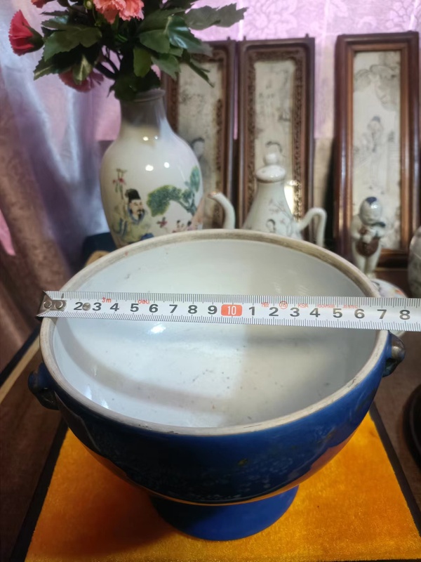 古玩陶瓷光緒霽藍釉四系高足暖鍋拍賣,當前價格5888元