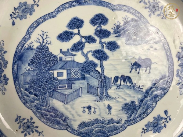 古玩陶瓷人物山水青花盤真品鑒賞圖