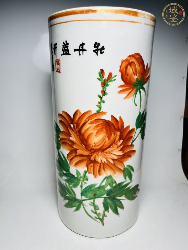 古玩陶瓷粉彩牡丹花紋帽筒真品鑒賞圖