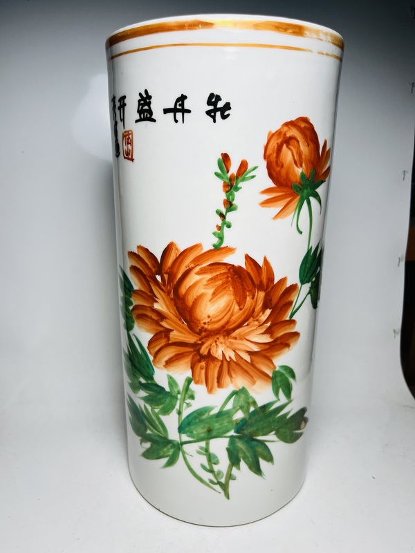 古玩陶瓷粉彩牡丹盛開(kāi)花紋帽筒拍賣(mài)，當(dāng)前價(jià)格1588元