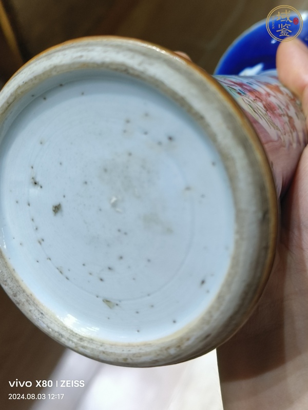 古玩陶瓷霽藍釉開窗粉彩錦雞紋花觚真品鑒賞圖