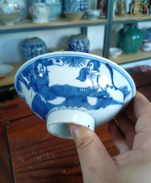 古玩陶瓷三星高照?qǐng)D青花折沿碗真品鑒賞圖
