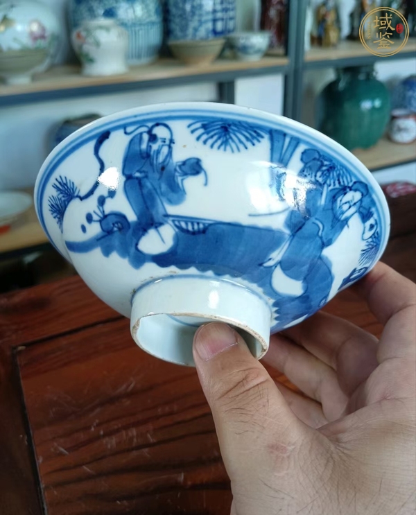 古玩陶瓷三星高照?qǐng)D青花折沿碗真品鑒賞圖