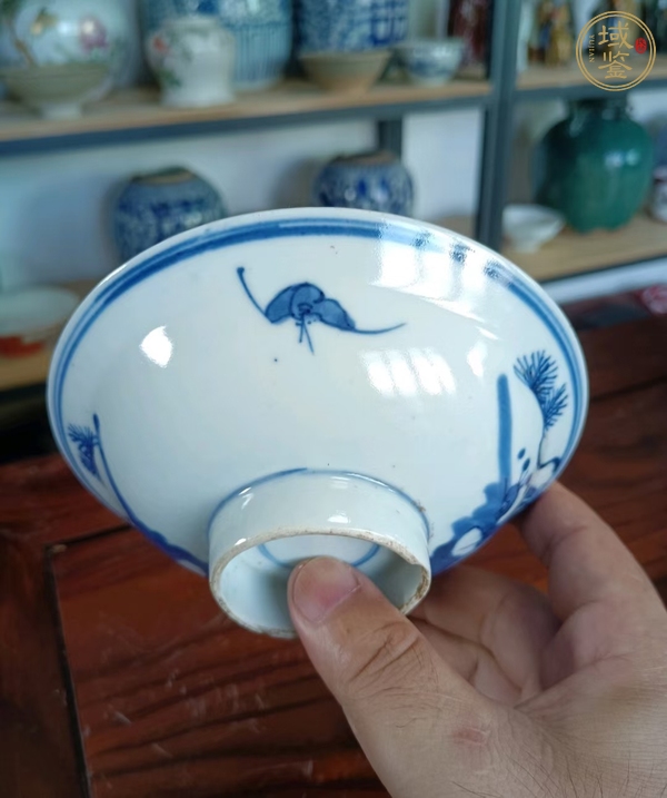 古玩陶瓷三星高照?qǐng)D青花折沿碗真品鑒賞圖