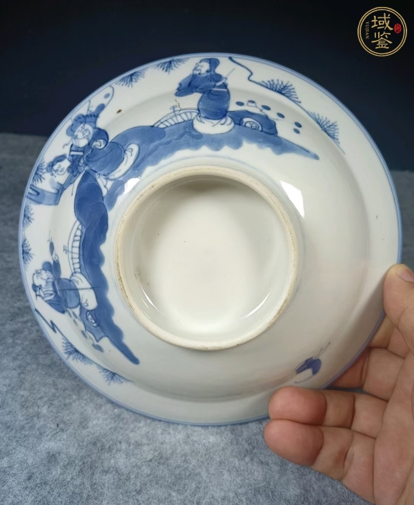 古玩陶瓷三星高照?qǐng)D青花折沿碗真品鑒賞圖