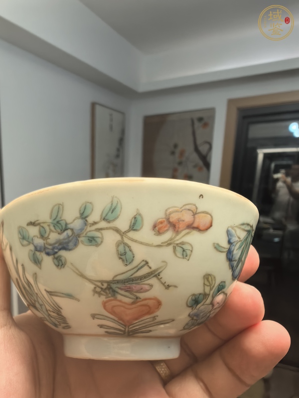 古玩陶瓷粉彩蟲草紋茶碗真品鑒賞圖