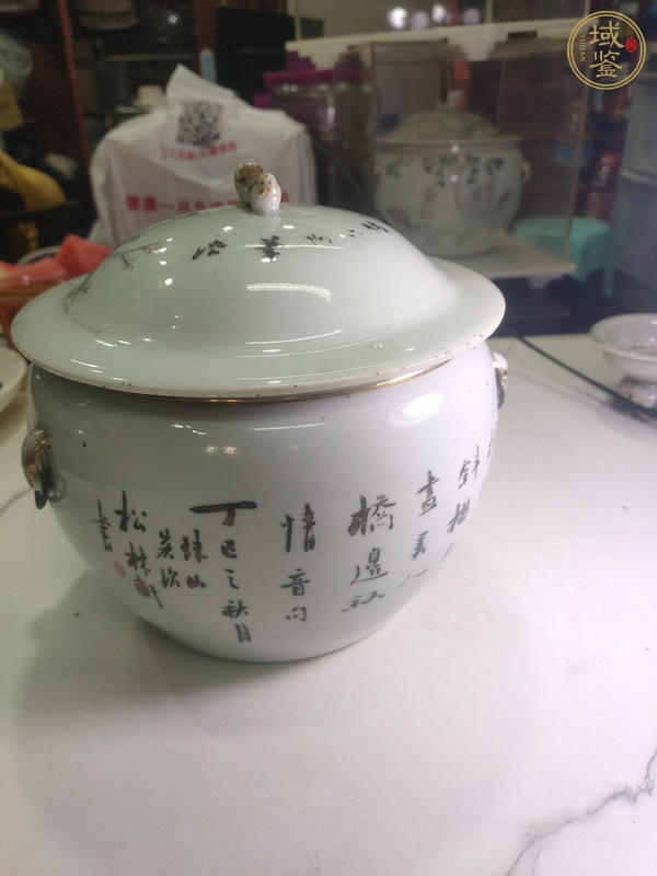 古玩陶瓷粉彩庭院仕女圖粥罐真品鑒賞圖