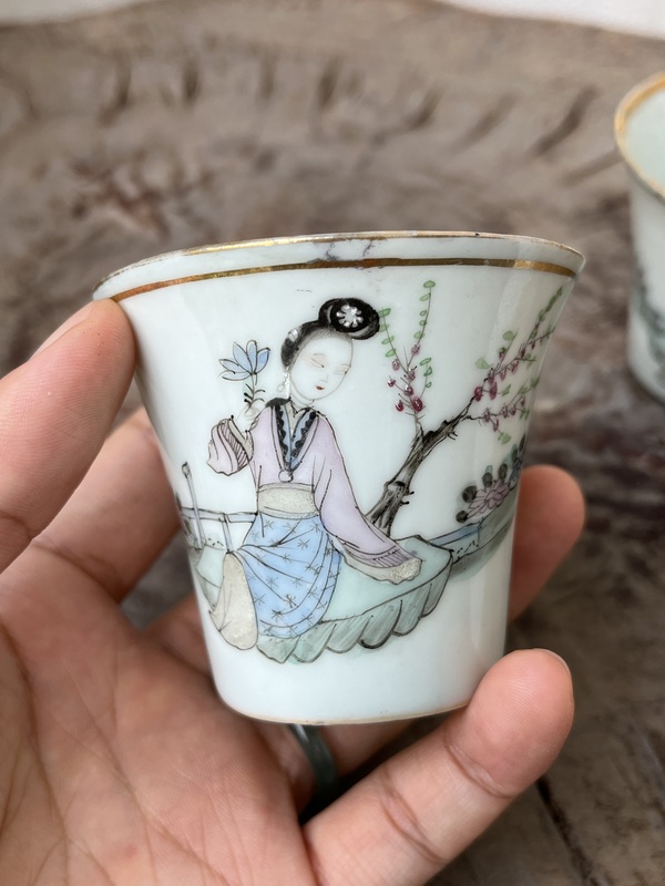 古玩陶瓷名家粉彩仕女馬蹄杯一對拍賣,當前價格1688元