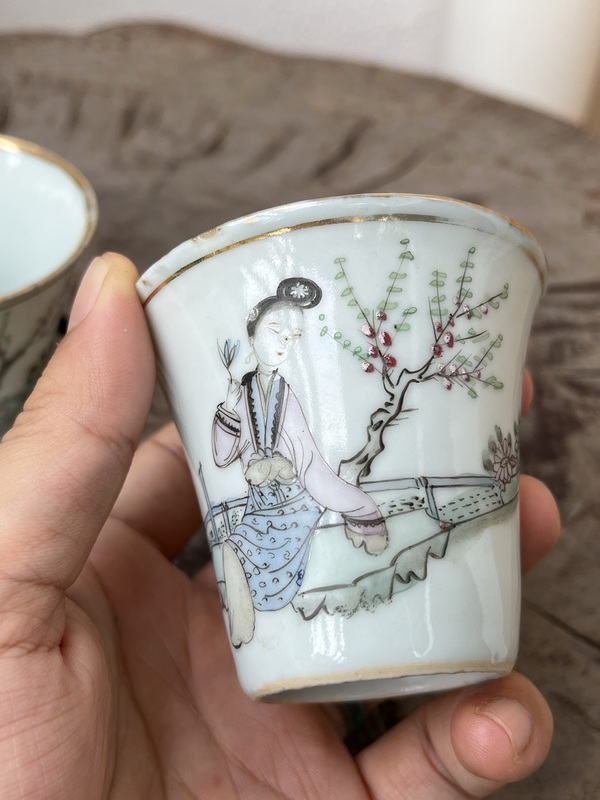古玩陶瓷名家粉彩仕女馬蹄杯一對拍賣,當前價格1688元
