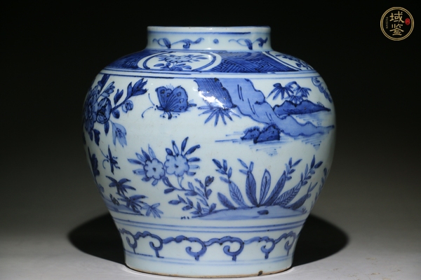 古玩陶瓷花鳥蝶紋青花罐真品鑒賞圖