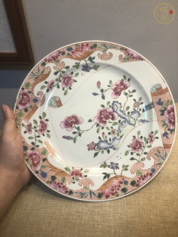 古玩陶瓷卷軸畫卷開光花卉紋粉彩盤真品鑒賞圖