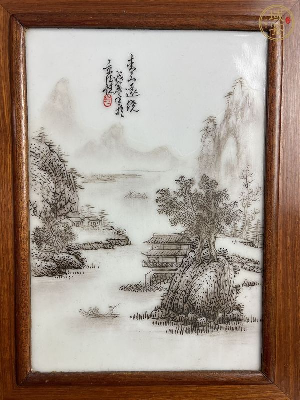 古玩陶瓷粉彩山水瓷板真品鑒賞圖