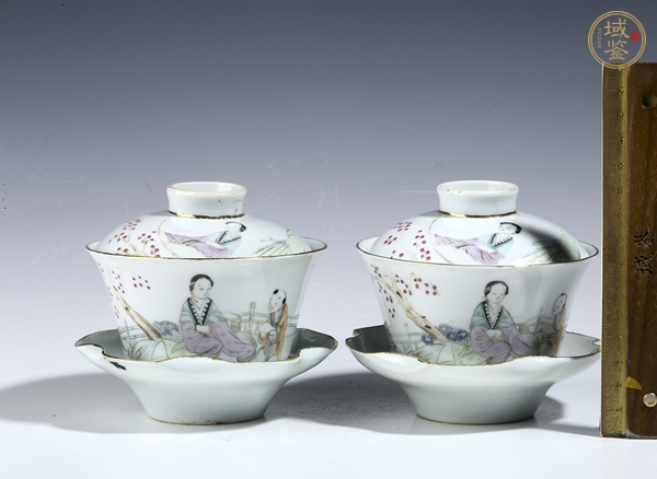 古玩陶瓷民國(guó)江西瓷業(yè)公司款粉彩侍女蓋碗真品鑒賞圖