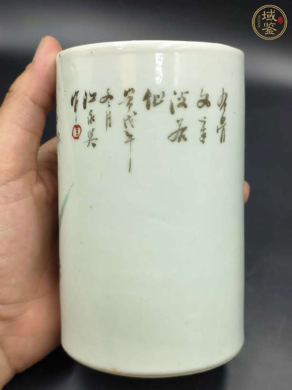 古玩陶瓷粉彩教子圖人物紋筆筒真品鑒賞圖