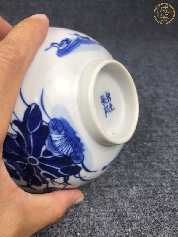 古玩陶瓷青花蓮池鴛鴦紋大蓋碗真品鑒賞圖