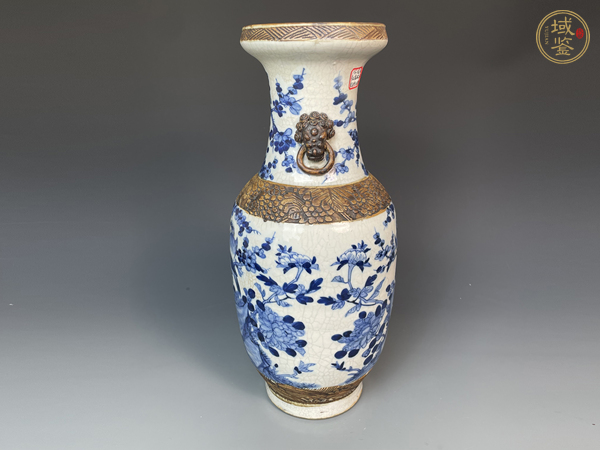 古玩陶瓷清中晚期青花花鳥紋雙鋪首銜環(huán)盤口瓶真品鑒賞圖