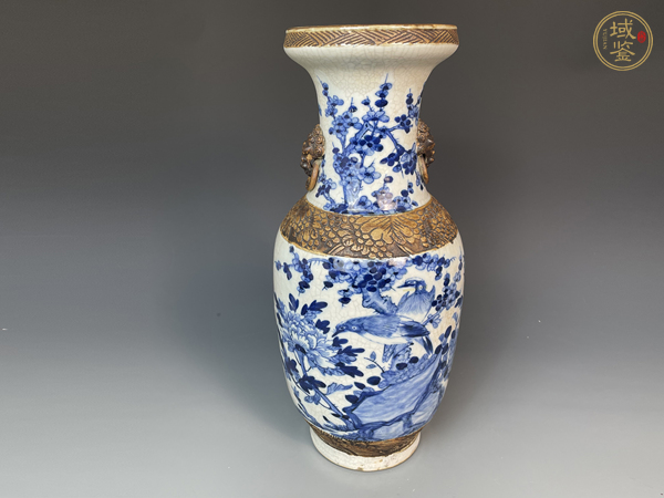 古玩陶瓷清中晚期青花花鳥紋雙鋪首銜環(huán)盤口瓶真品鑒賞圖