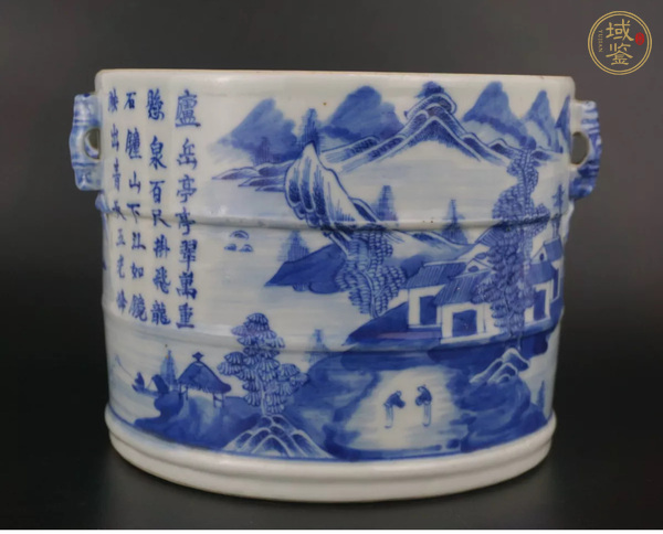 古玩陶瓷山水紋青花四系粥罐真品鑒賞圖