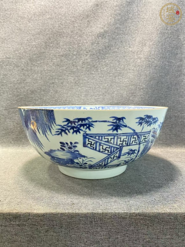 古玩陶瓷青花庭院花卉紋墩式碗真品鑒賞圖