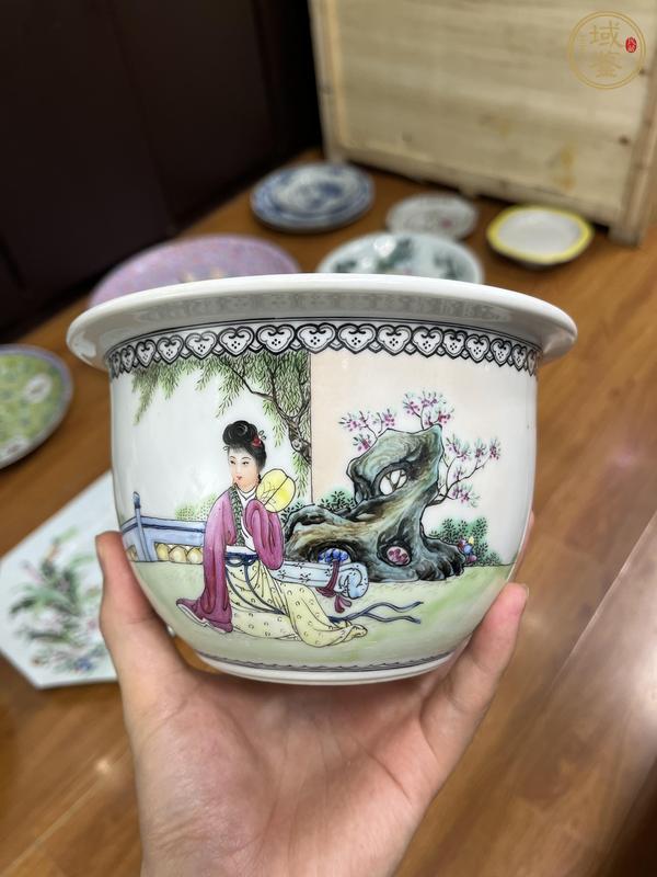 古玩陶瓷三娘教子題詩花盆真品鑒賞圖