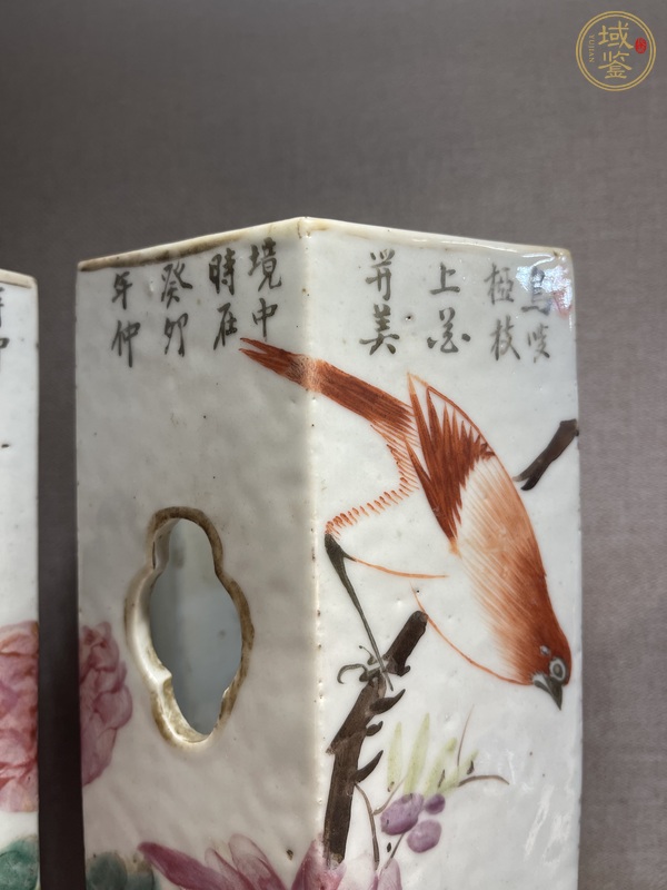 古玩陶瓷晚清粉彩六方花鳥帽筒真品鑒賞圖