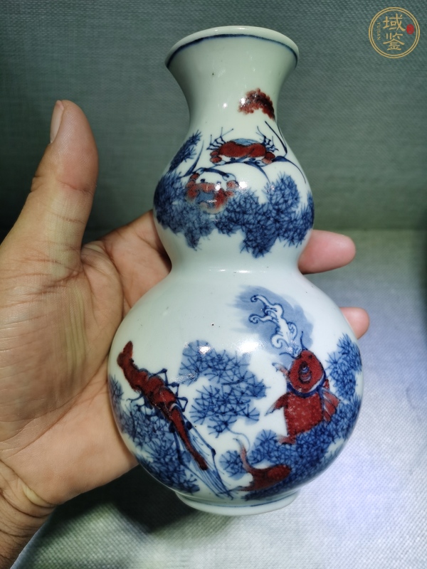 古玩陶瓷青花釉里紅魚(yú)澡紋葫蘆型壁瓶真品鑒賞圖