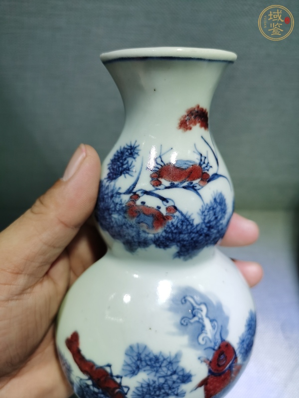 古玩陶瓷青花釉里紅魚(yú)澡紋葫蘆型壁瓶真品鑒賞圖