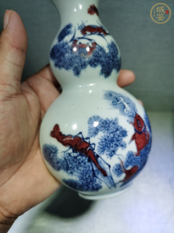 古玩陶瓷青花釉里紅魚(yú)澡紋葫蘆型壁瓶真品鑒賞圖