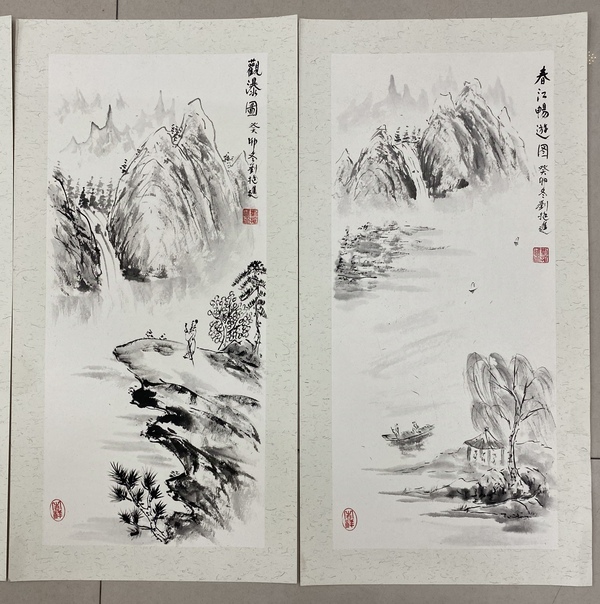 古玩字畫僅此一套，老年書畫協(xié)會會員，實力派畫家精品力作，水墨山水四條屏春夏秋冬卡紙收藏結(jié)緣拍賣，當(dāng)前價格699元