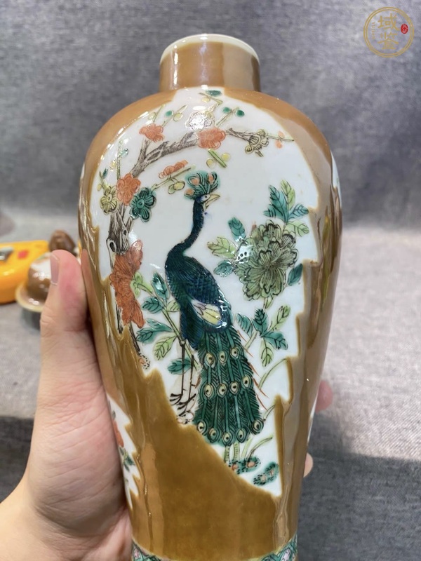 古玩陶瓷紫金釉開(kāi)光五彩花鳥(niǎo)紋雞腿瓶真品鑒賞圖