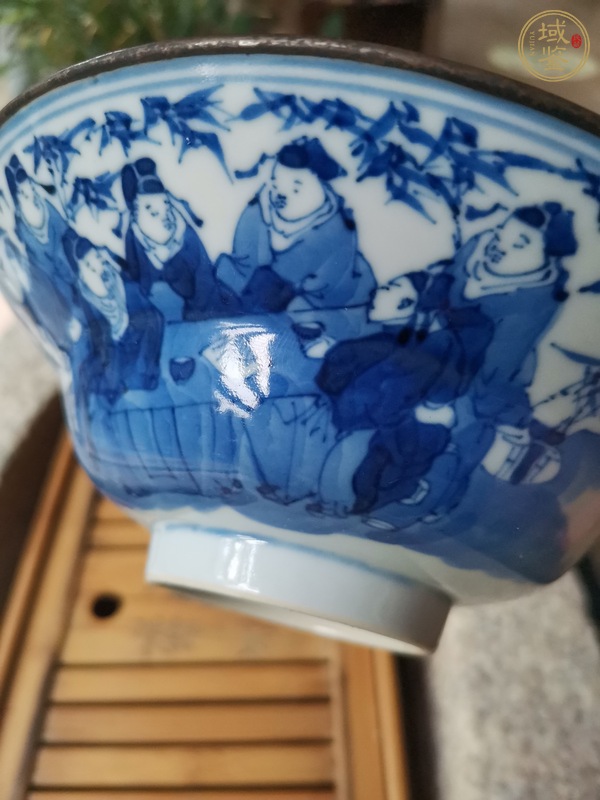 古玩陶瓷青花竹林七賢紋折沿碗真品鑒賞圖