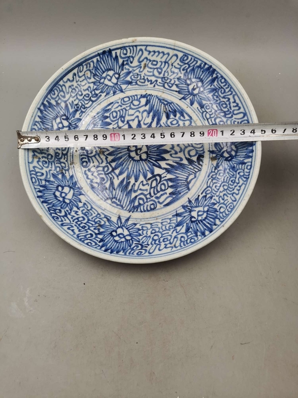 古玩陶瓷太陽花間篆書福字吉語紋青花盤拍賣,當前價格255元