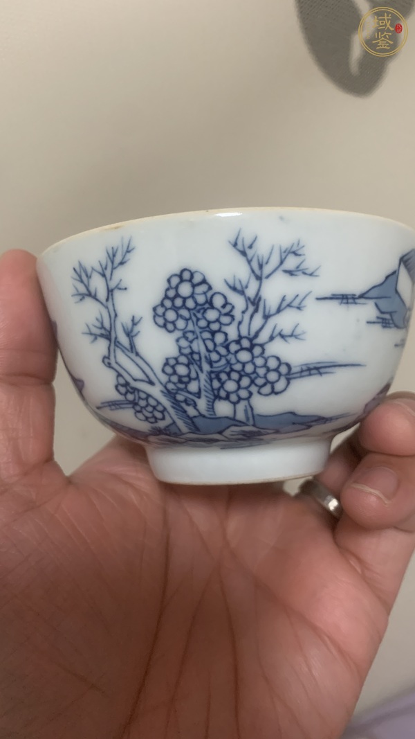 古玩陶瓷青花山水樓閣紋茶碗真品鑒賞圖